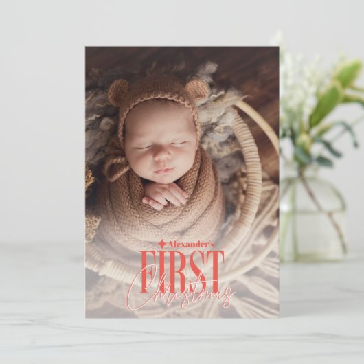 Moderne Baby Eerste Kerstmis Aangepaste Foto Feestdagenkaart (Staand voorkant)