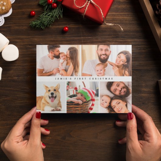 Moderne Baby Eerste Kerstmis Custom Fotocollage Feestdagenkaart