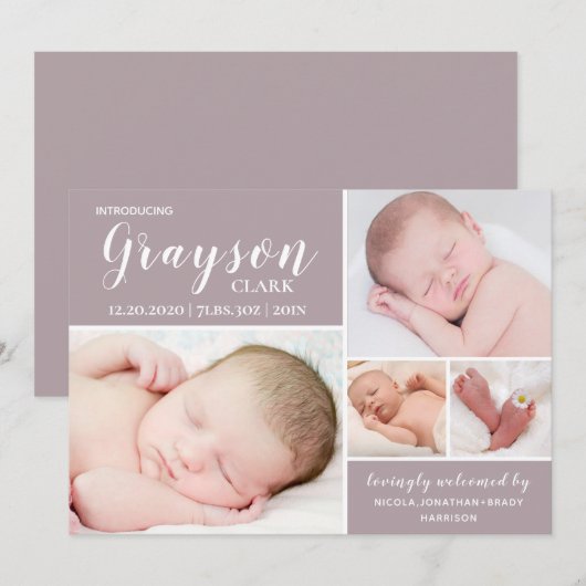 Moderne Baby Foto Collage Dusty Paars Birth Aankondiging (Voorkant / Achterkant)
