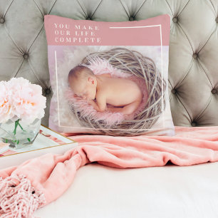 Moderne Baby foto   Roze en wit   Citaat Kussen
