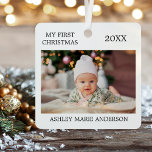 Moderne Baby foto voor eerste Kerstmis Metalen Ornament<br><div class="desc">Modern Elegant My First Kerstmetaal Ornament - Baby Foto op voor en achter</div>