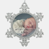 Moderne Baby Foto voor eerste kerstmis Tin Sneeuwvlok Ornament (Voorkant)