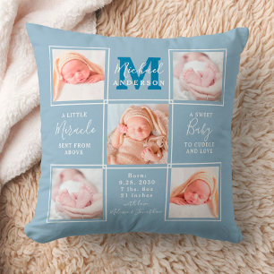 Moderne baby gepersonaliseerde 5 foto collage blau kussen