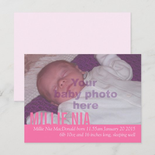 Moderne baby girl roze foto aankondiging briefkaar (Voorkant / Achterkant)