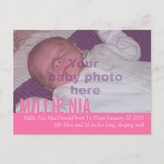 Moderne baby girl roze foto aankondiging briefkaar (Voorkant)