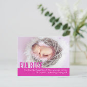 Moderne baby girl roze foto aankondiging briefkaar (Staand voorkant)