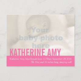 Moderne baby girl roze foto aankondiging briefkaar