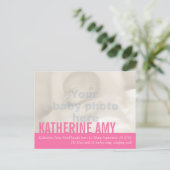 Moderne baby girl roze foto aankondiging briefkaar (Staand voorkant)