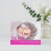 Moderne baby girl roze foto aankondiging briefkaar (Staand voorkant)