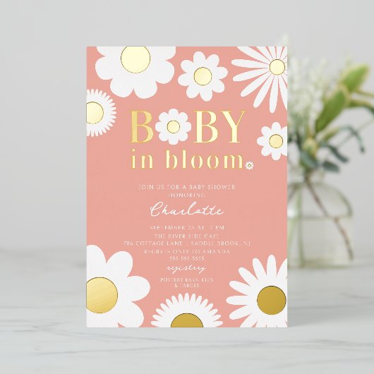 Moderne Baby in het Baby shower Bloom Folie Uitnodiging (Staand Voorkant)