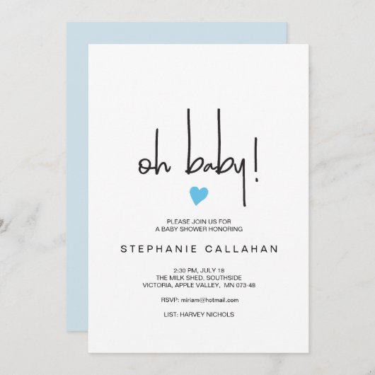 Moderne Baby Jongen Douche Uitnodiging Blauw Hart  (Voorkant / Achterkant)