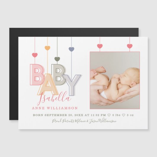 Moderne Baby Letters Pasgeboren Baby Meisje Geboor (Voorkant / Achterkant)