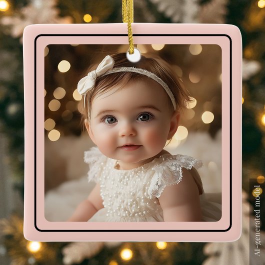 Moderne Baby Meisje Foto Kerst Roze Script Naam Keramisch Ornament
