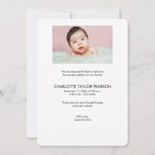 Moderne Baby Meisje Geboorte Custom Pasgeboren fot Bedankkaart (Achterkant)