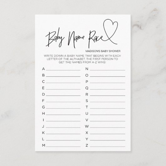 Moderne Baby shower Baby hartkaart Race Game Informatiekaartje (Voorkant)