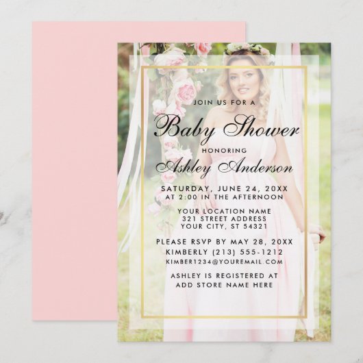 Moderne Baby shower Gold Pink Overlay Foto Kaart (Voorkant / Achterkant)