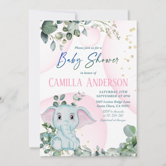 Moderne Baby shower met Blush roze olifant Greener Kaart (Voorkant)