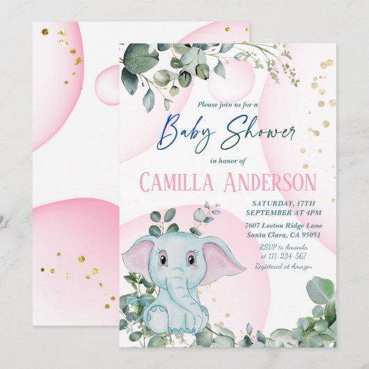 Moderne Baby shower met Blush roze olifant Greener Kaart (Voorkant / Achterkant)
