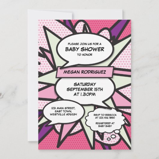 Moderne Baby Shower Roze Comic Book Meisje Kaart (Voorkant)