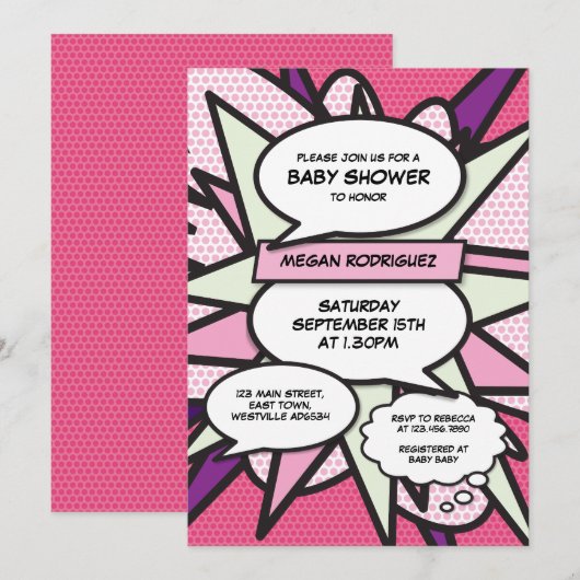 Moderne Baby Shower Roze Comic Book Meisje Kaart (Voorkant / Achterkant)