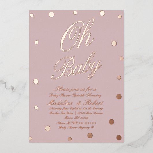 Moderne Baby shower Stippen Roze geperst Folie Uitnodiging (Voorkant)