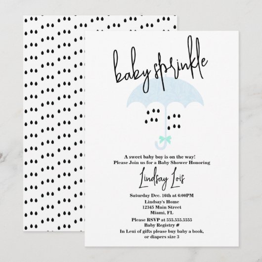 Moderne baby shower strooi blauwe uitnodiging (Voorkant / Achterkant)