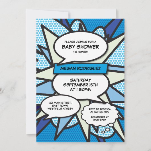 Moderne Baby Shower Strooigoed Blue Comic Book Kaart (Voorkant)