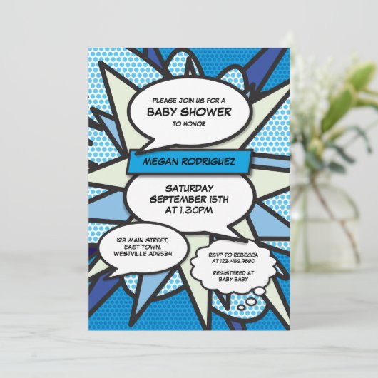 Moderne Baby Shower Strooigoed Blue Comic Book Kaart (Staand voorkant)