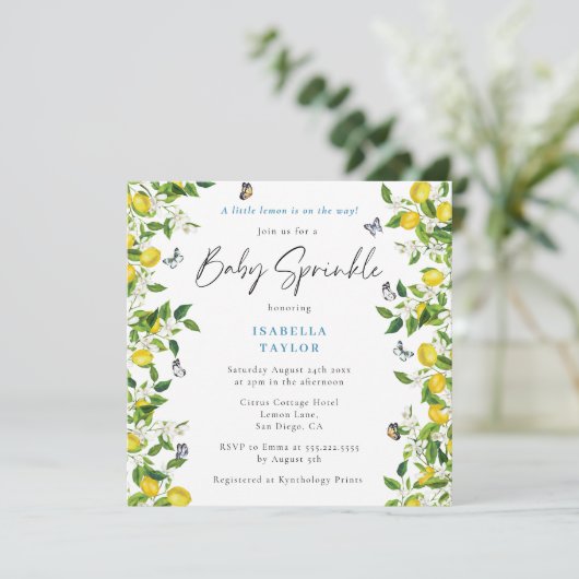 Moderne baby shower strooigoed met citroen voor de kaart (Staand voorkant)