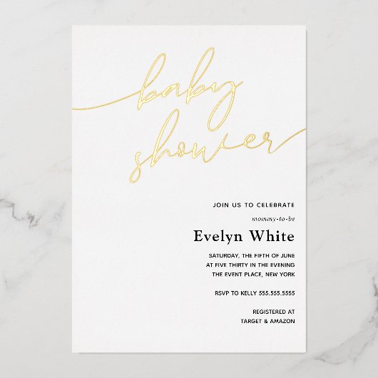 Moderne Baby shower voor kalligrafie Folie Uitnodiging (Voorkant)