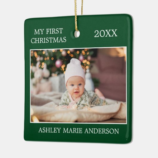 Moderne Baby voor eerste kerstmis Groen Keramisch Ornament (Links)