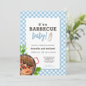 Moderne Babyblauwe Geruite Barbecue Baby Shower Kaart (Staand voorkant)