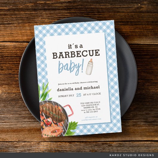 Moderne Babyblauwe Geruite Barbecue Baby Shower Kaart