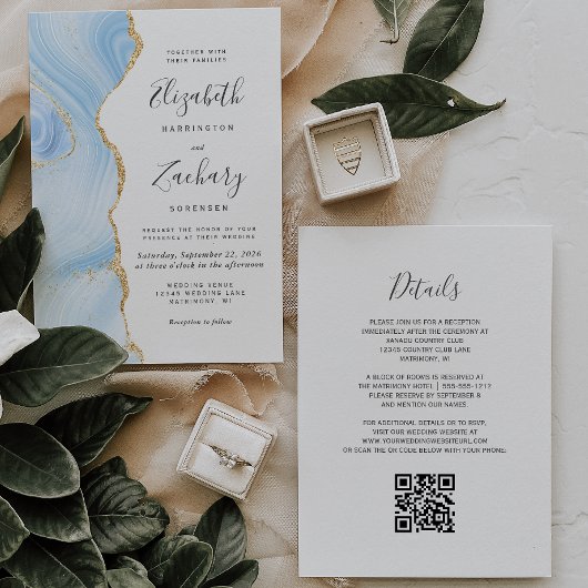Moderne babyblauwe gouden agaat QR-code bruiloft Kaart