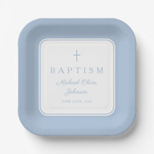 Moderne babyblauwe religieuze kruisjongen doop papieren bordje