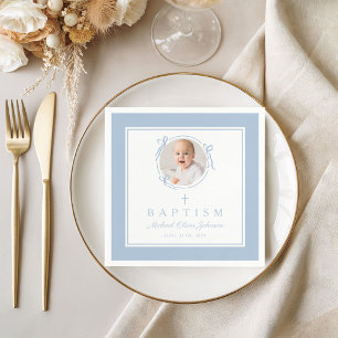Moderne babyblauwe religieuze kruisjongen doop servet