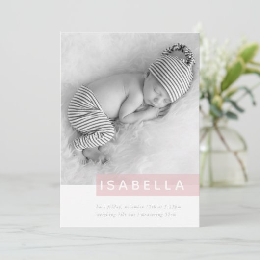 MODERNE BABYFOTO EENVOUDIG MEISJE ROZE PANEELOVERL AANKONDIGING (Staand voorkant)