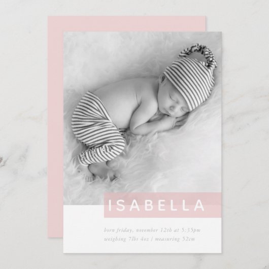 MODERNE BABYFOTO EENVOUDIG MEISJE ROZE PANEELOVERL AANKONDIGING (Voorkant / Achterkant)