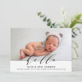 MODERNE BABYFOTO elegante minimalist hello script Aankondiging (Staand voorkant)