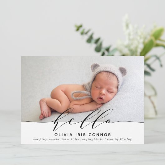 MODERNE BABYFOTO elegante minimalist hello script Aankondiging (Staand voorkant)