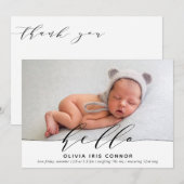 MODERNE BABYFOTO elegante minimalist hello script Aankondiging (Voorkant / Achterkant)