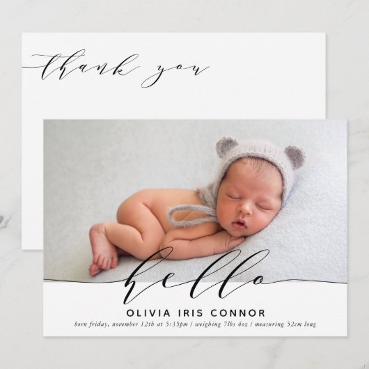 MODERNE BABYFOTO elegante minimalist hello script Aankondiging (Voorkant / Achterkant)