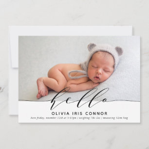 MODERNE BABYFOTO elegante minimalist hello script Aankondiging