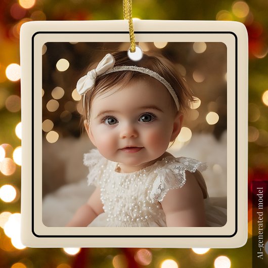 Moderne babyfoto Kerst champagne goud script Keramisch Ornament