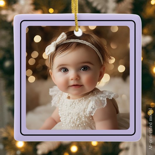 Moderne babyfoto kerst paarse script naam keramisch ornament