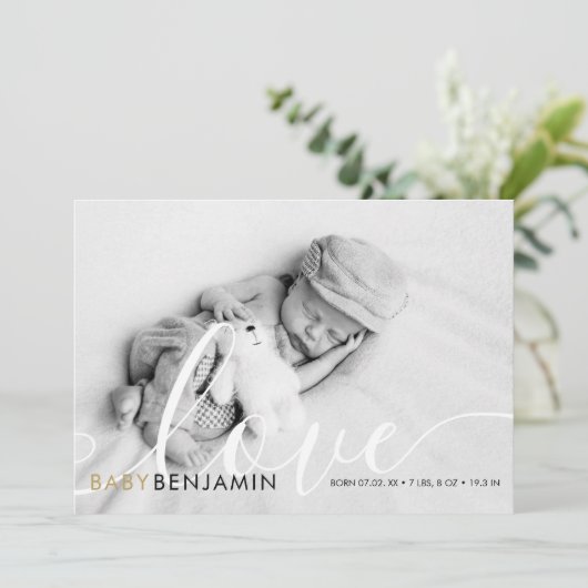 Moderne babyfoto script liefde gouden harten geboo aankondiging (Staand voorkant)
