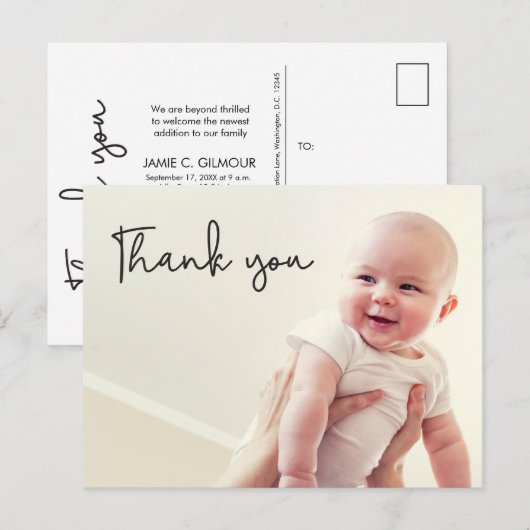 Moderne babyjongen douche bedankt foto aankondigingskaart (Voorkant / Achterkant)