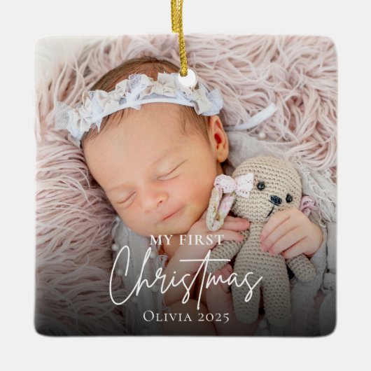 Moderne Baby's Eerste Kerstfoto Keepsake Keramisch Ornament (Voorkant)