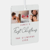 Moderne Baby's Eerste Kerstmis 3 Foto's Custom Metalen Ornament (Voorkant Rechts)