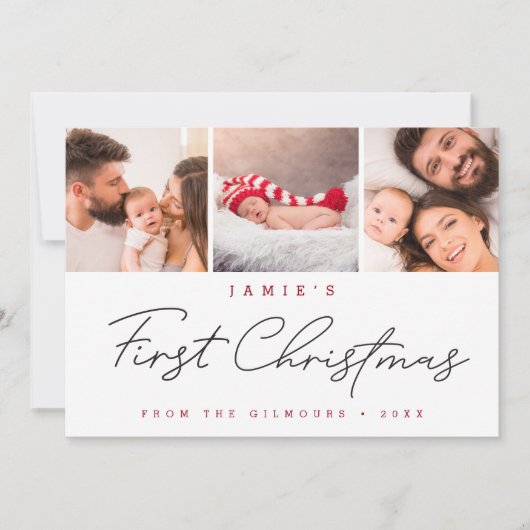 Moderne Baby's Eerste Kerstmis Custom 3 Foto's Feestdagenkaart (Voorkant)